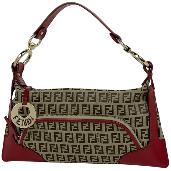 FENDI Handbags - Fendi Zucchino Pattern Handbag, One-Shoulder Canvas, Brown/Red, 8BR464, Women's